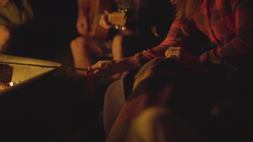 A group of people roast marshmallows and play music around a campfire
