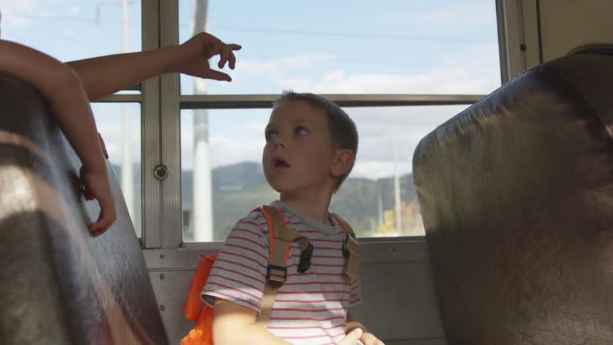 A young boy sits on the school bus