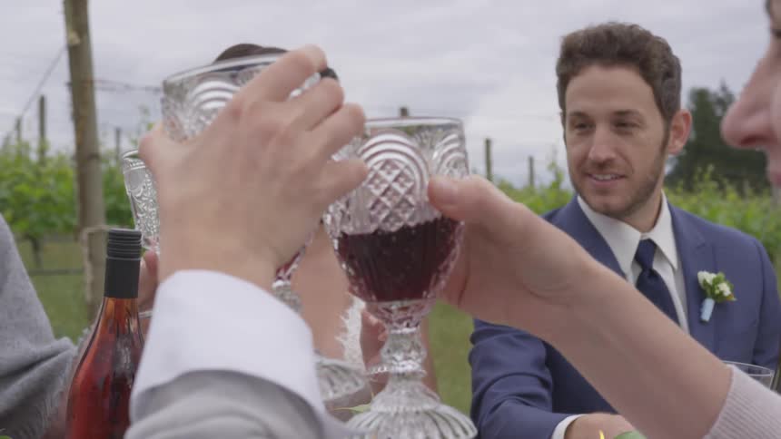 A group of people raise their glasses