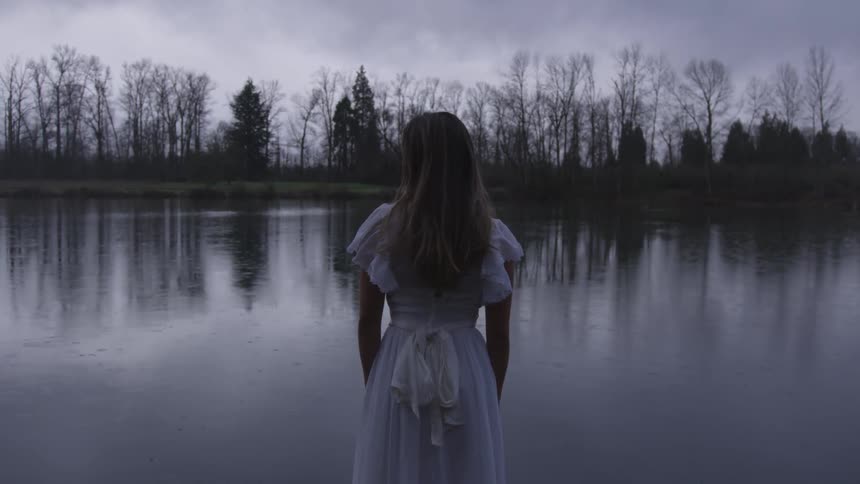 Girl stands in a pond under a dark sky while wearing a dress