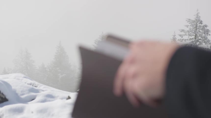 A person is reading near the snow covered forest