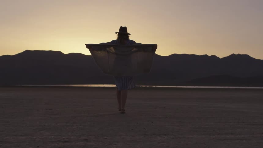 A woman walking across a dry lake bed