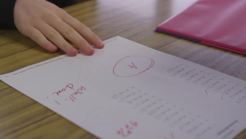 A graded paper is placed on a table