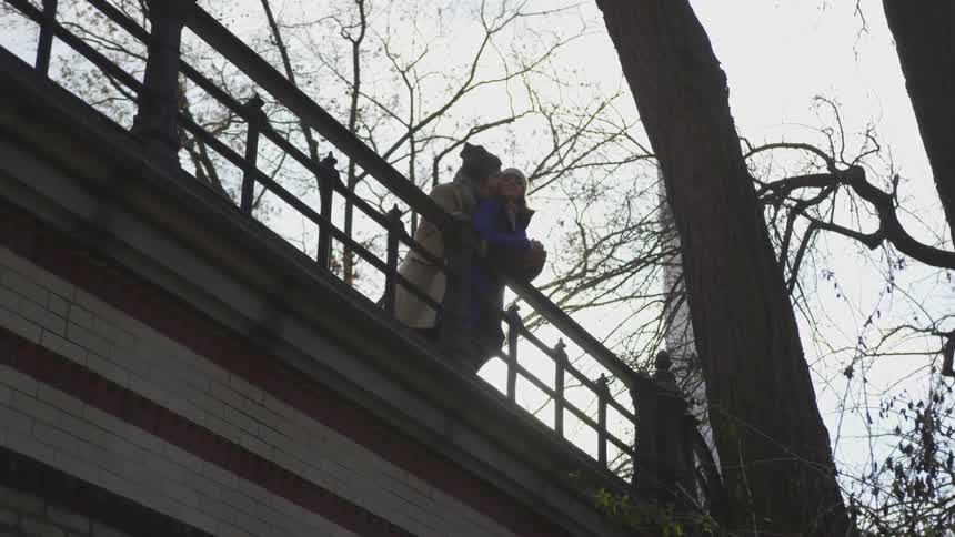 A couple looking at a park while leaning on the banister