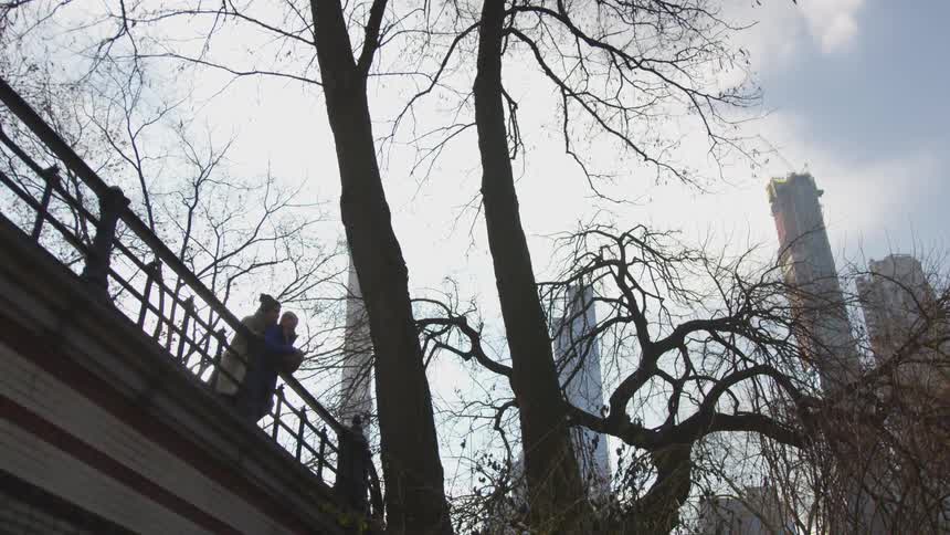 Two people stand on a bridge talking, while the backdrop is tall buildings and in the foreground are leave-less trees