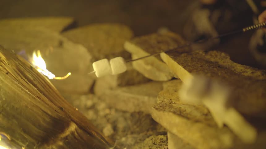 Person roasts marshmallows over fire at night
