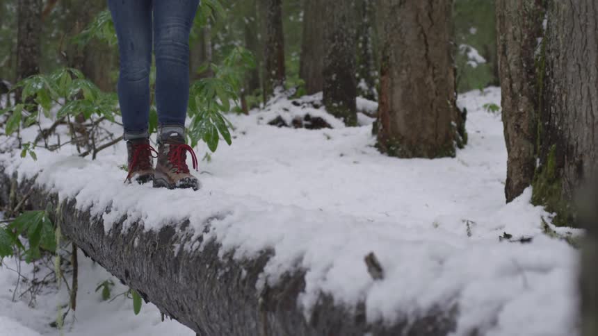 A woman in tight jeans and boots walks along a down tree trunk covered in slow with green leaves on a cold sunny day