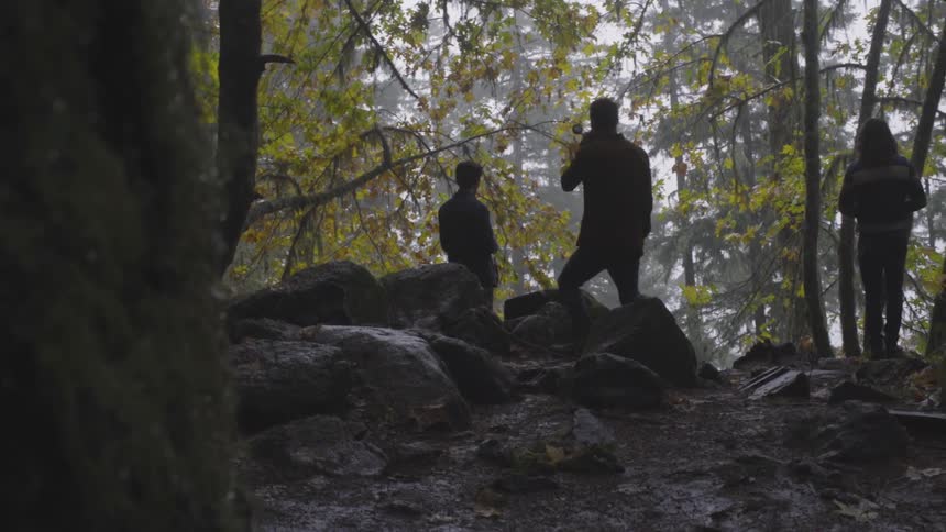 A group of people hiking out in the forest