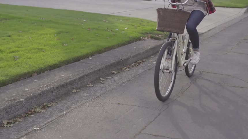 Girl Riding A Bike Through A Neighborhood