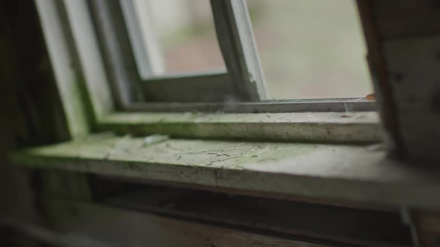 The window of the home is broken with chipped paint