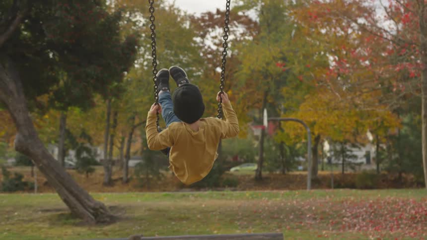 Child swinging in a park in the fall