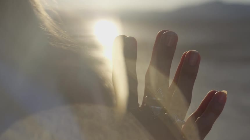 People pushing their hands together in a sunny field