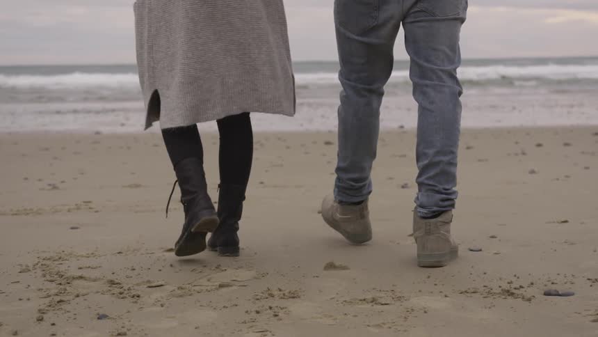 A person with a flower in one hand, walks on the beach with another person