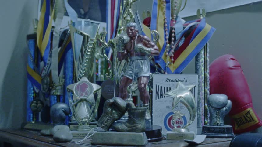 Awards are stacked on a counter