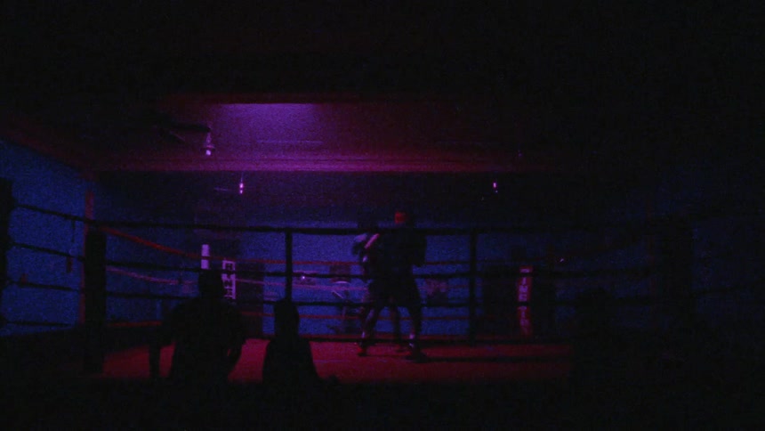 Colored lights flash over a boxing ring