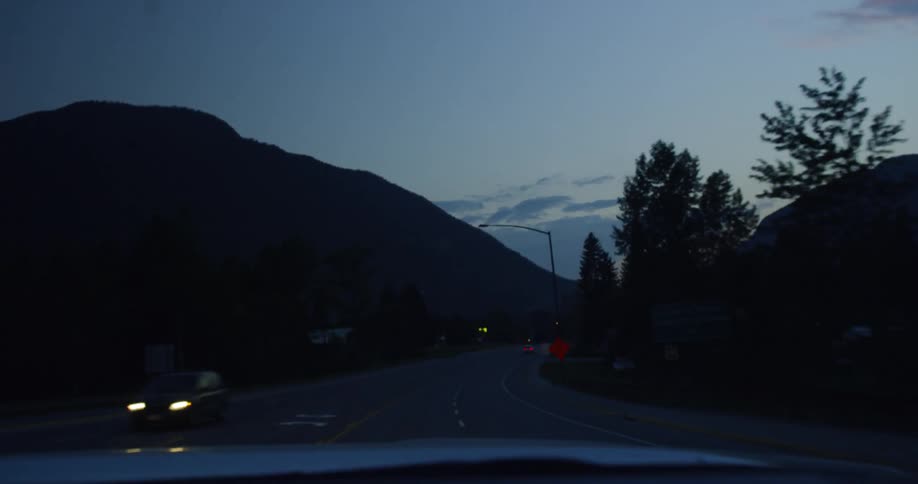 A car drives down a dark road as trees and cars go by