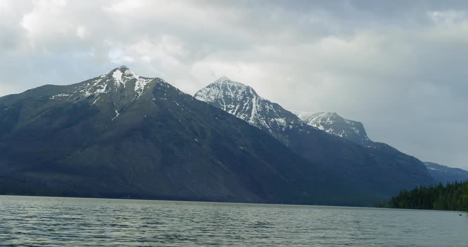 Snow capped mountains sit beside the lake