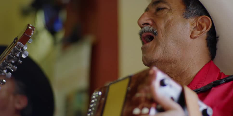 A man plays an accordion and sings