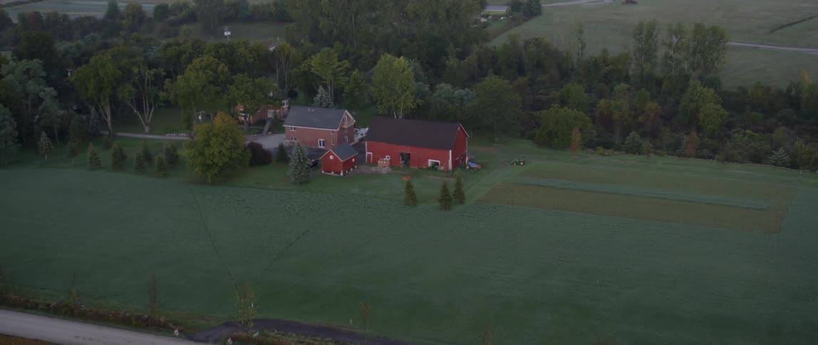 A red barn and farmhouse sits next to a tall trees and a small hamlet