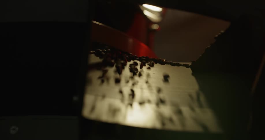 Coffee beans are falling down a chute seemingly towards a grinder