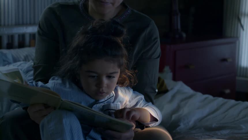 A mother and daughter read a book in bed