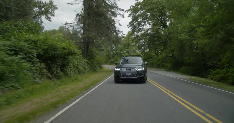 A car driving down a road in a forest