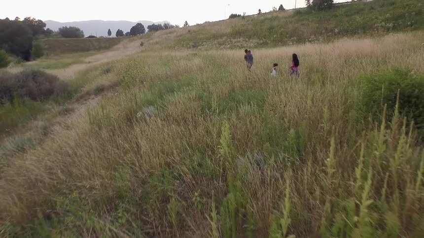 Family walking and skipping through a grassy field