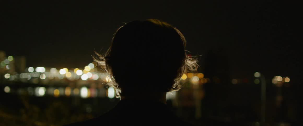 A person stands looking of city lights at night