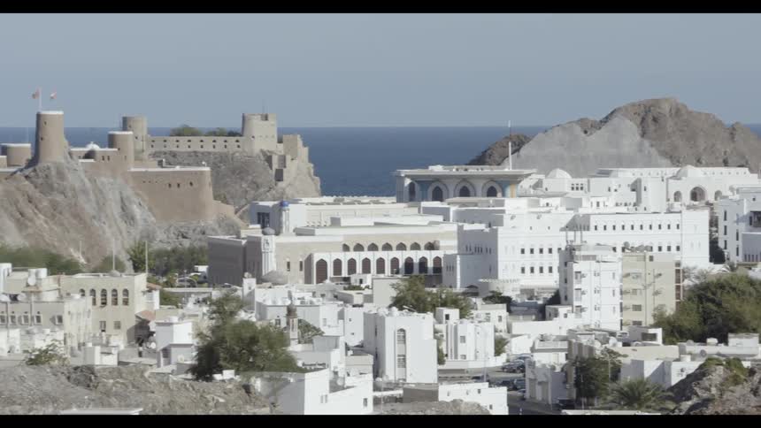 Panoramic view of a coastal city surrounded by mountains