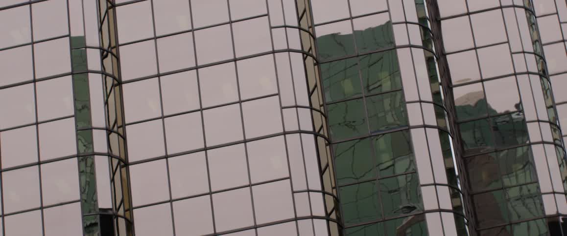 A bird is reflected in the side of a glass skyscraper