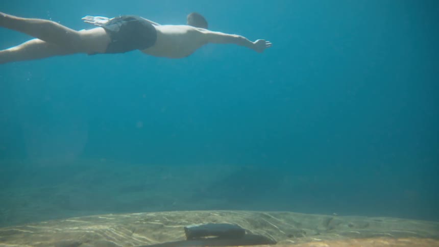 A man is swimming underwater