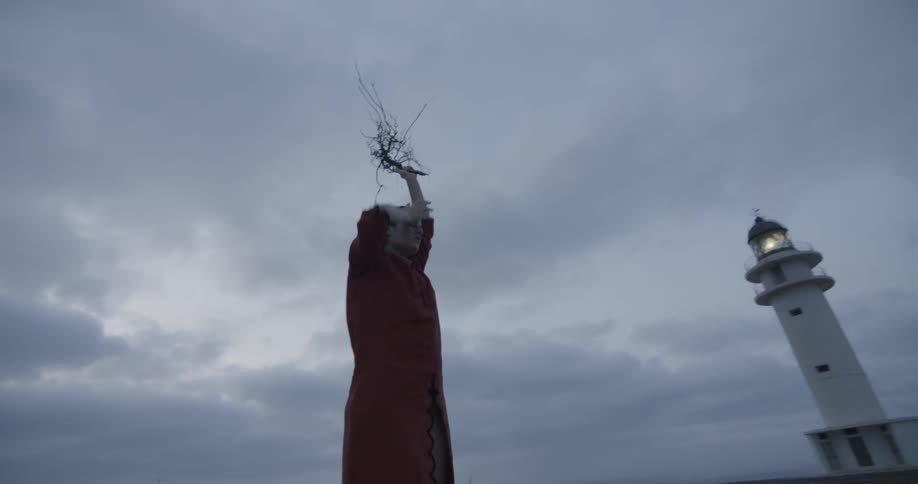 A  woman wearing  a red partially opened bright red  robe appears to  be wearing nothing underneath as she  raises the branches of a thorny bush and tries to remove the leaves from her eyes as they fall