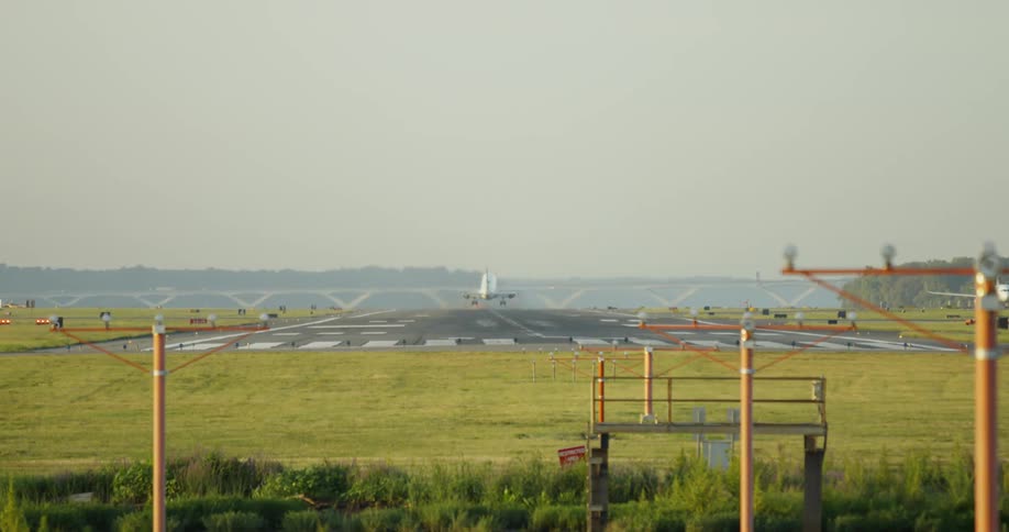 A passenger airplane taking off from a runway