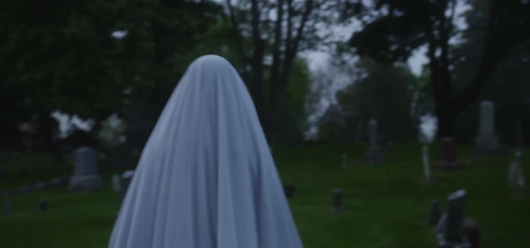 A person is wearing a ghost costume outside