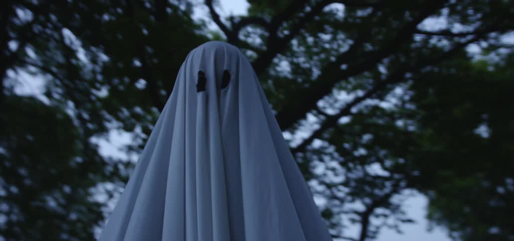 A person is wearing a ghost costume outside