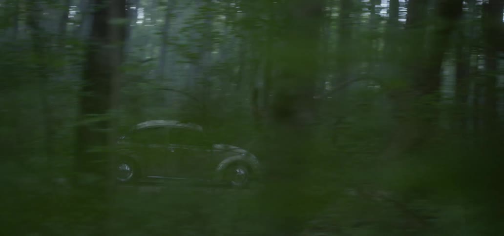 A car is driving in a wooded area