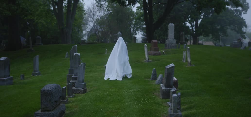 A person is wearing a ghost costume in a cemetery