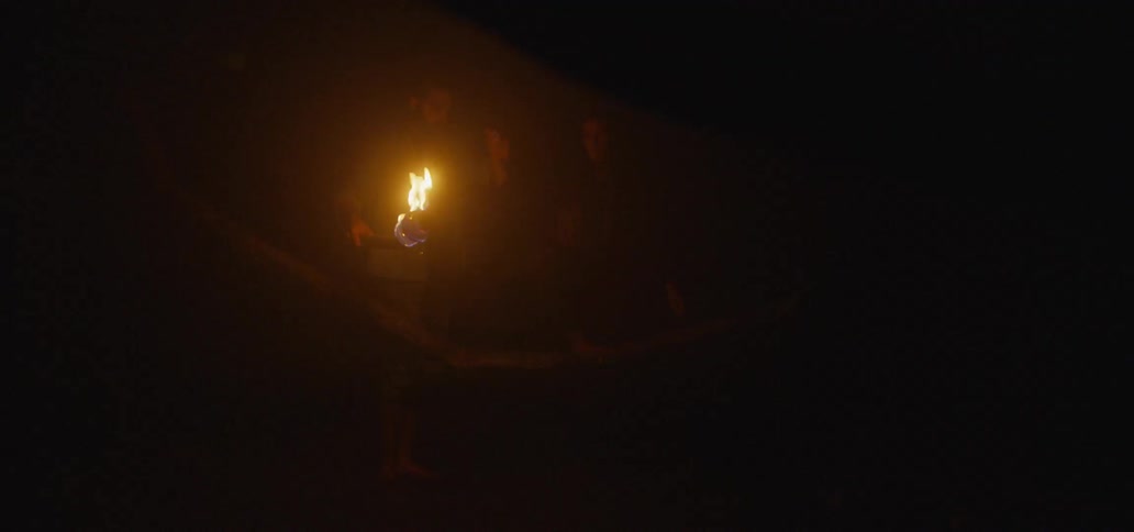 Two people climb over a fallen branch at night carrying a torch