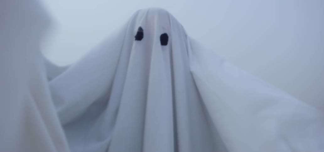A person is wearing a ghost costume