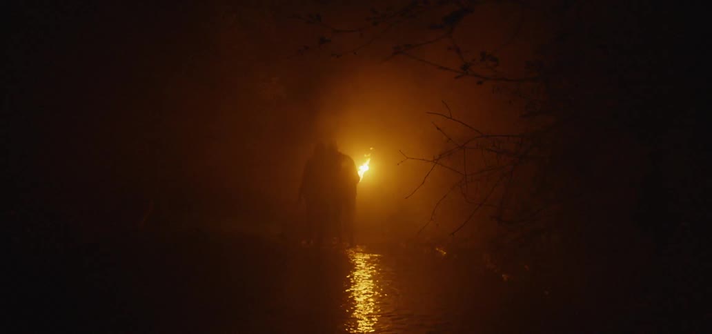 People are walking at night holding torches