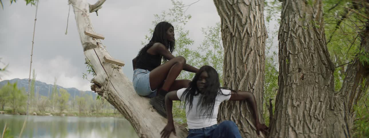 Two women are climbing into a tree