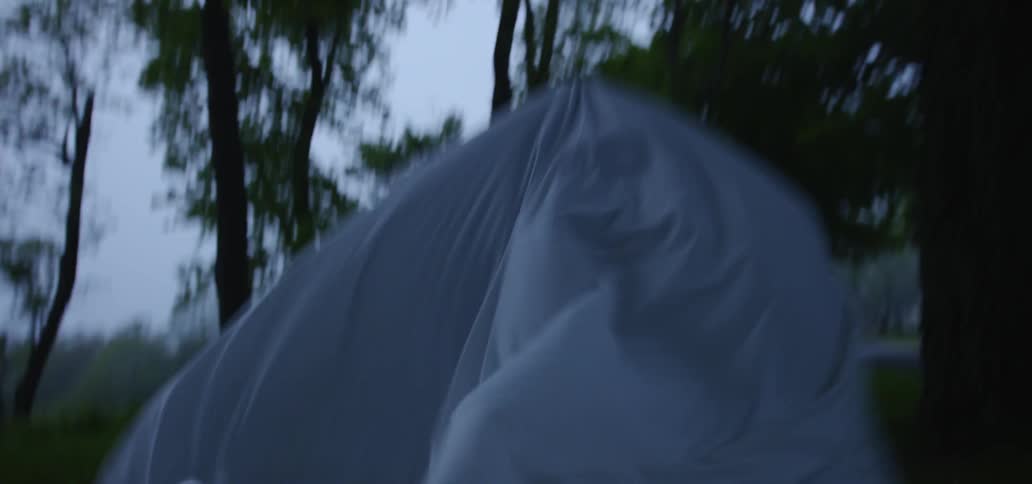 A person runs through the forest with a sheet on their head