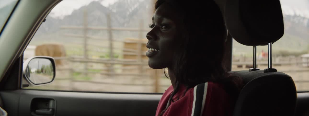 A woman in the passenger seat, is speaking to the driver