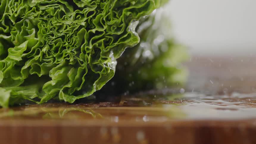 Cut green leaf lettuce is being rolled and sprayed with water