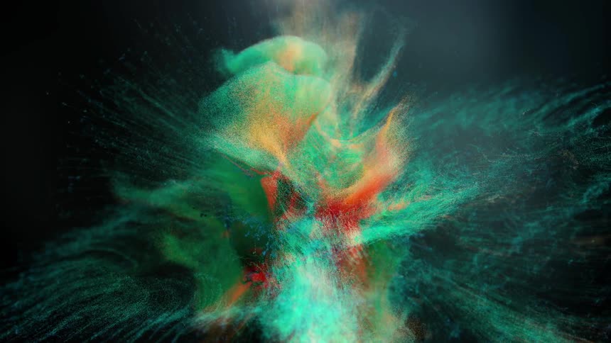 Green and orange rings and spheres of color clash and explode