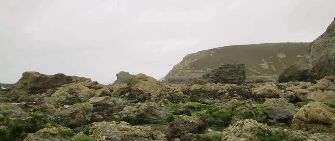Rocky outcropping with very large moss covered boulders