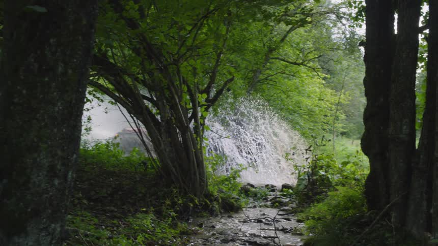 Jeep driving through the woods splashes through water
