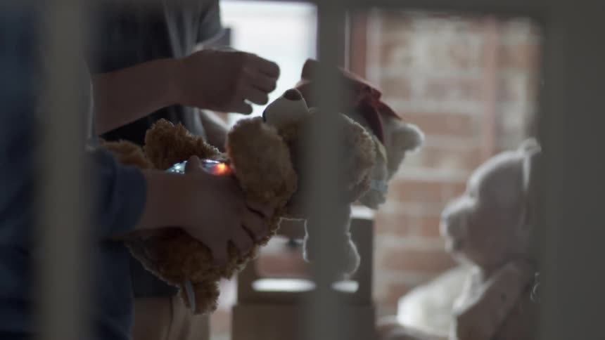 Two women are grooming and checking teddy bears