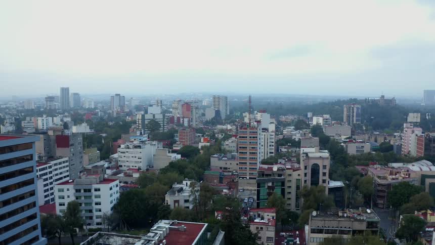 A city with trees around buildings