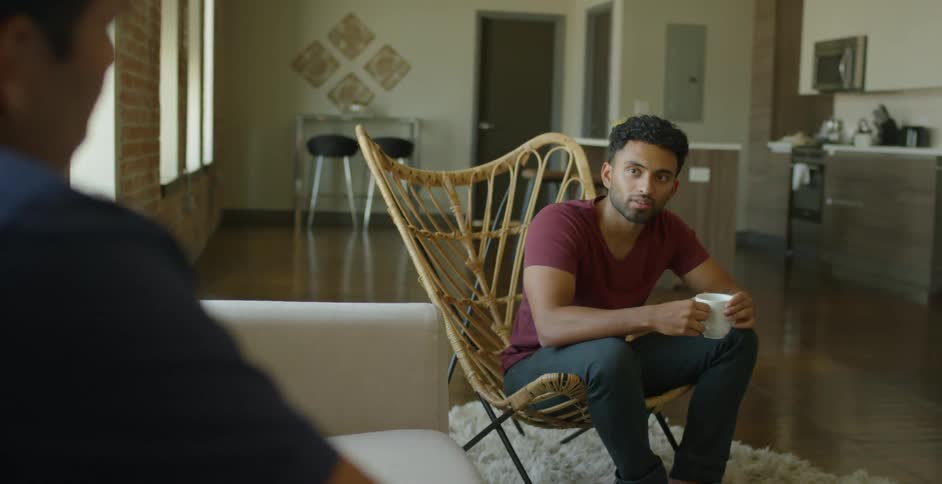 Two men are talking in the living room over coffee